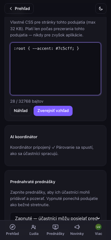 Vzhľad — CSS motívu podujatia so živým náhľadom