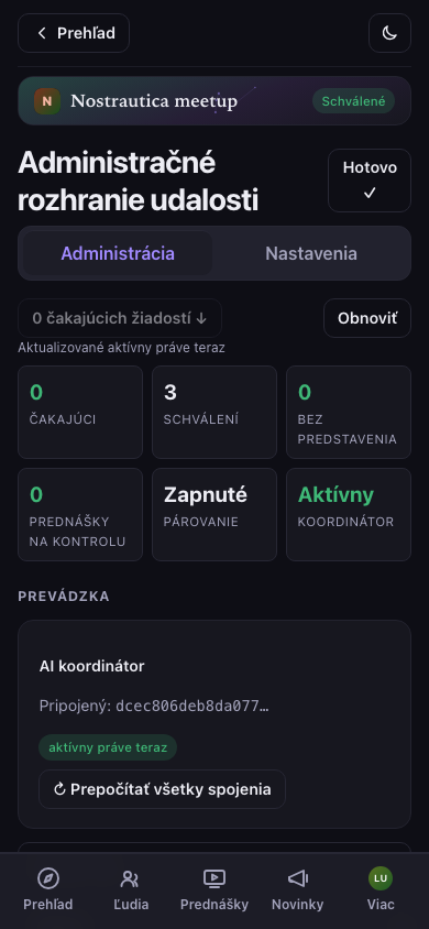 Prehľad administrácie organizátora