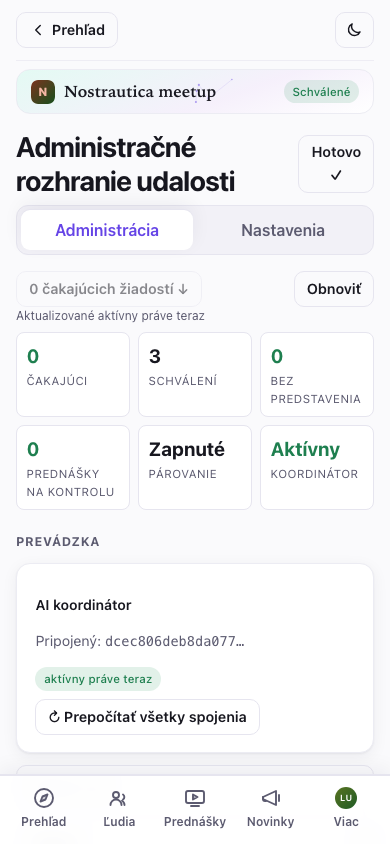 Prehľad administrácie organizátora