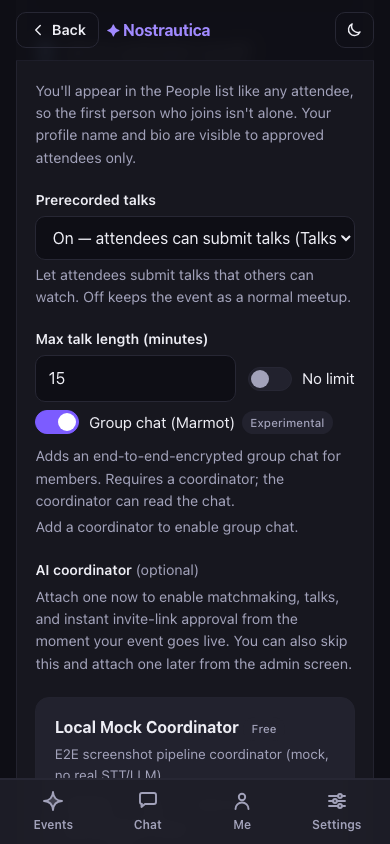 Event creation form