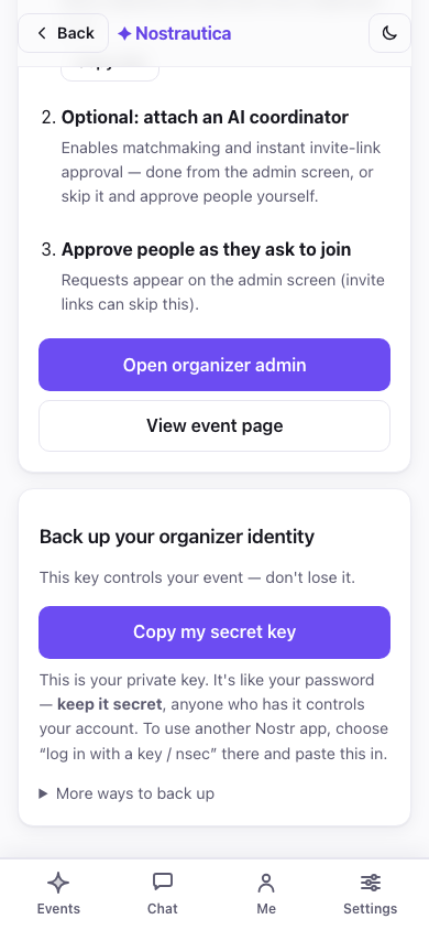 Event created — share link and checklist