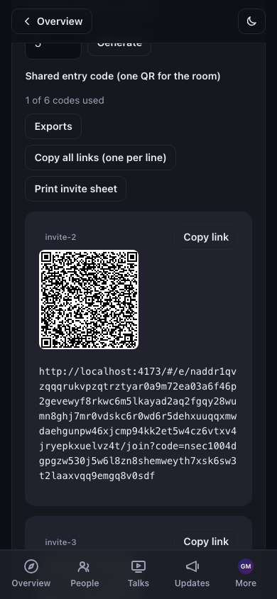 Generated invite codes with QR