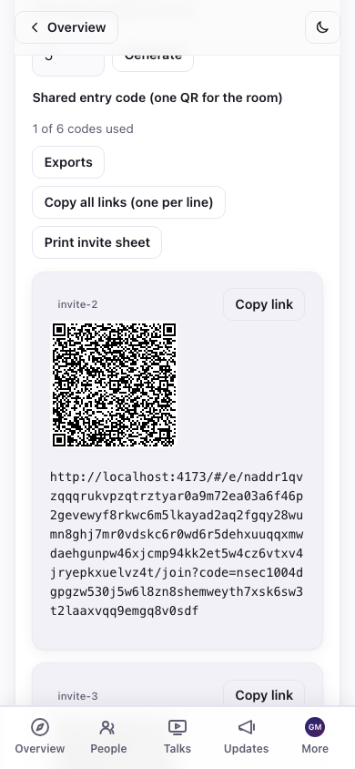 Generated invite codes with QR