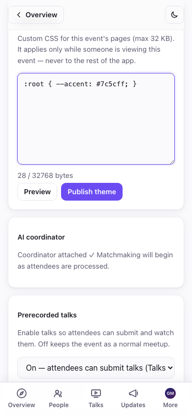 Appearance — per-event theme CSS with live preview