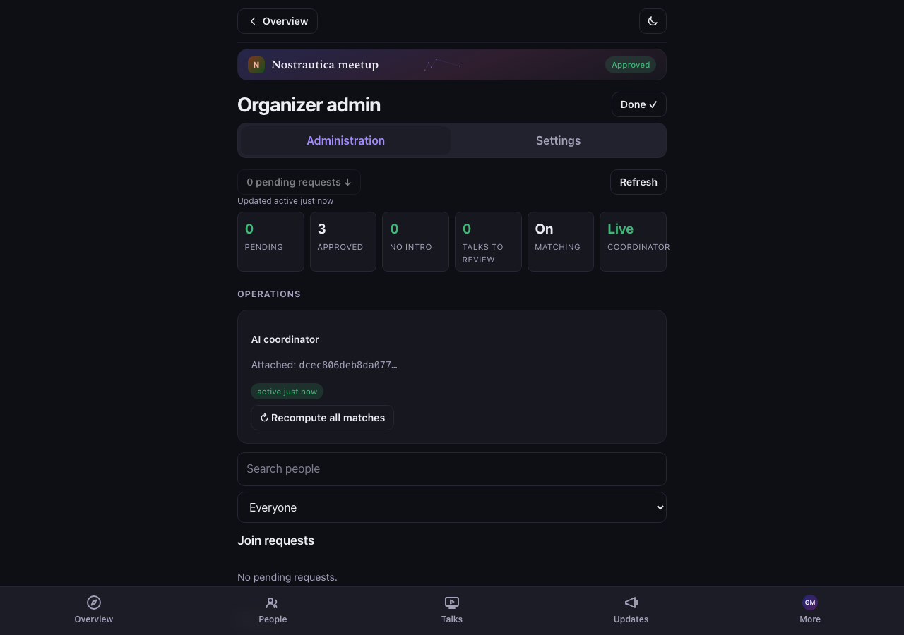 Organizer admin overview, full-width