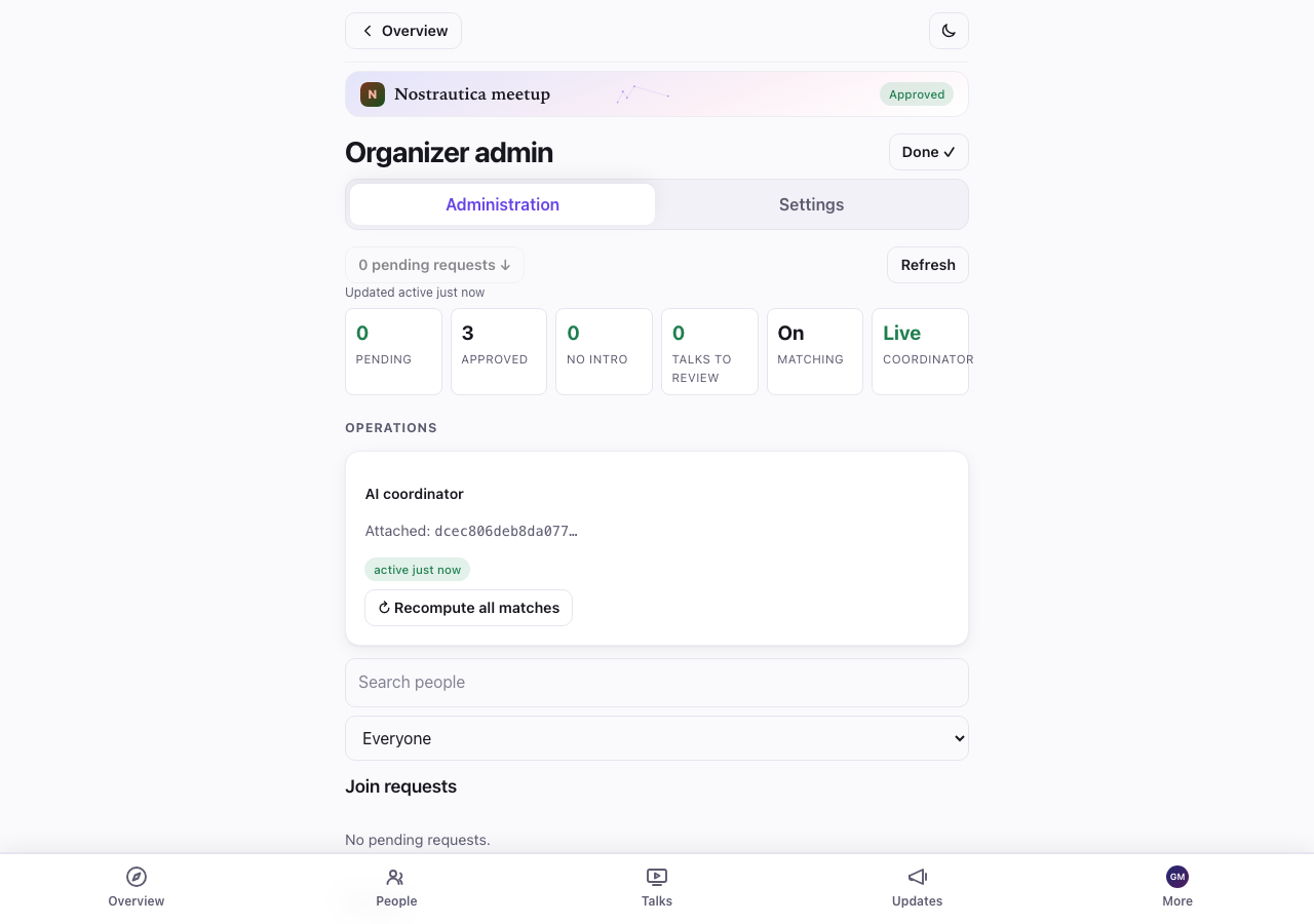 Organizer admin overview, full-width