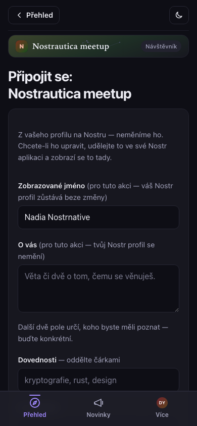 Formulář pro připojení, přihlášený uživatel