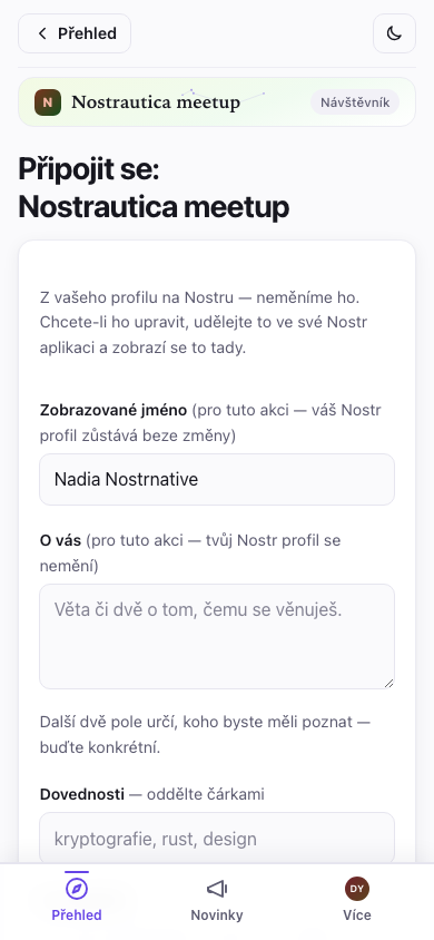 Formulář pro připojení, přihlášený uživatel