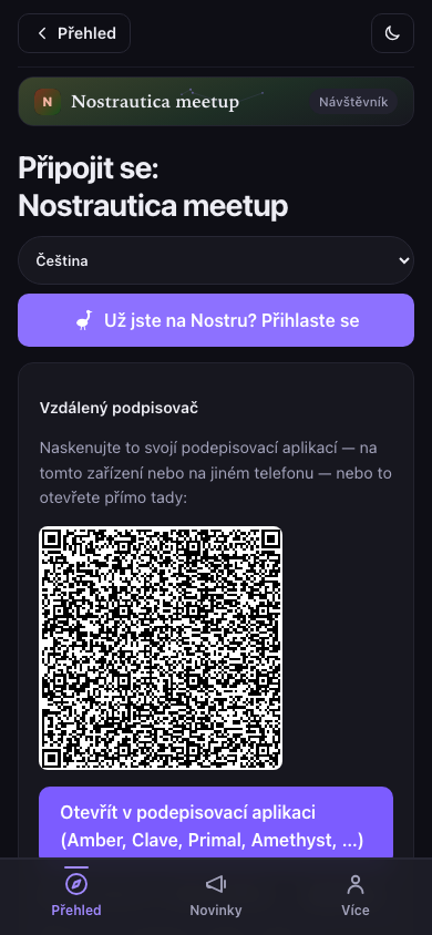 Uvítací obrazovka — přihlášení nebo vytvoření identity