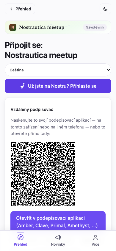 Uvítací obrazovka — přihlášení nebo vytvoření identity