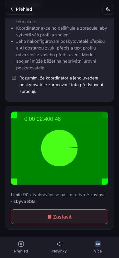 Nahrávání představení — video, zvuk a textový režim