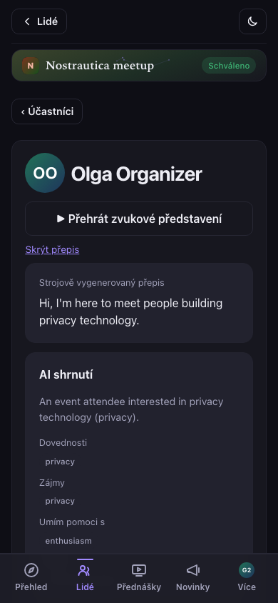 Přepis, zobrazený pod přehrávačem médií
