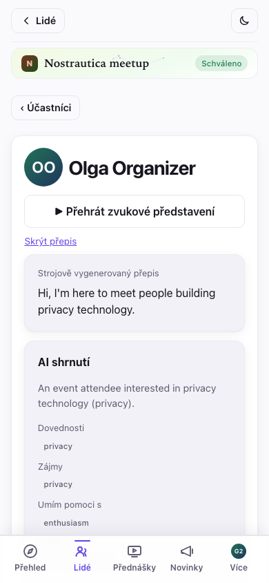 Přepis, zobrazený pod přehrávačem médií
