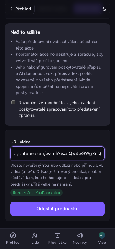 Pole s URL videa a rozpoznaným YouTube odkazem