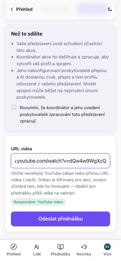 Pole s URL videa a rozpoznaným YouTube odkazem