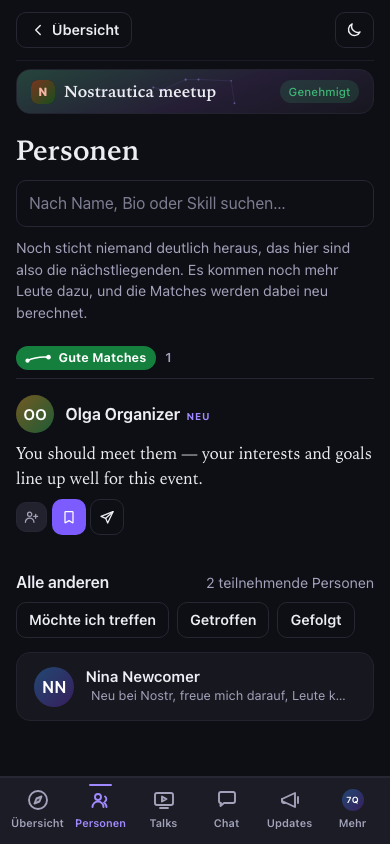 Personen: deine Matches führen die Liste an, mit der vollständigen Begründung