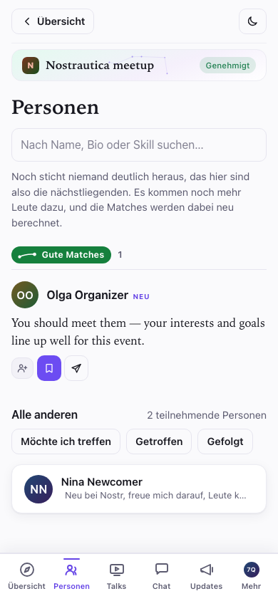 Personen: deine Matches führen die Liste an, mit der vollständigen Begründung