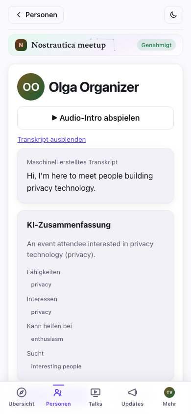 Ein Transkript, angezeigt unter dem Medienplayer