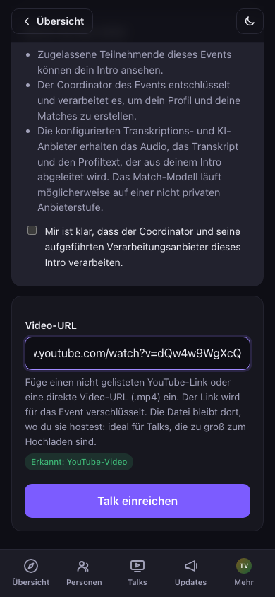 Das Feld für die Video-URL, mit „Erkannt: YouTube-Video“