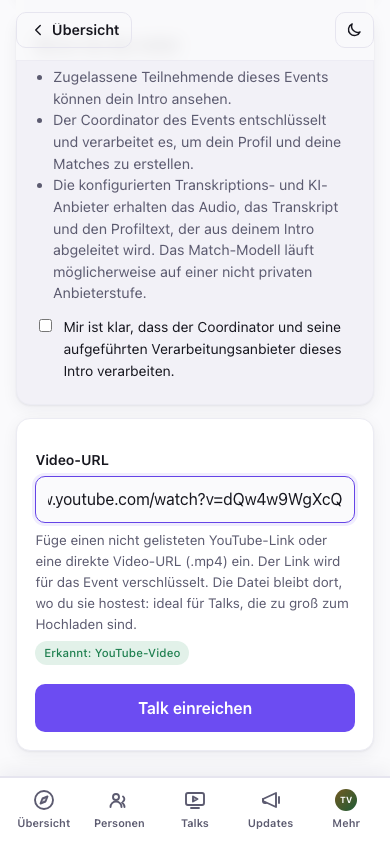 Das Feld für die Video-URL, mit „Erkannt: YouTube-Video“