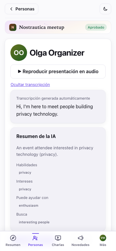 Una transcripción, mostrada debajo del reproductor multimedia
