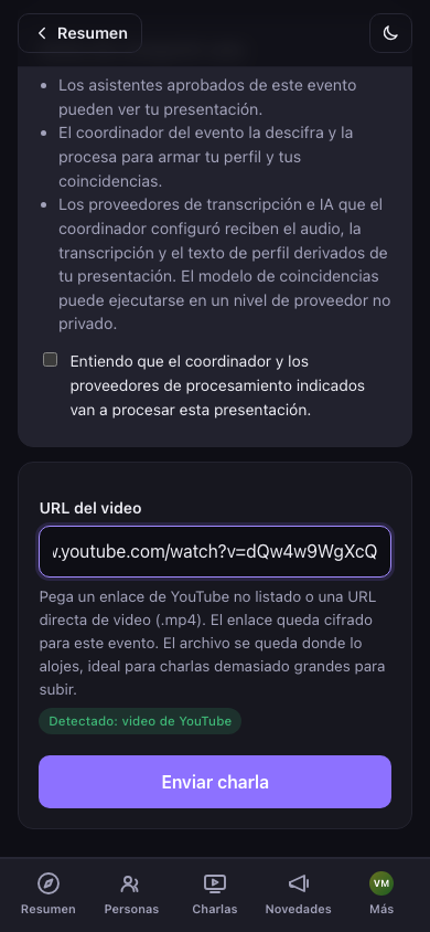 El campo de URL del video, con "Detectado: video de YouTube"