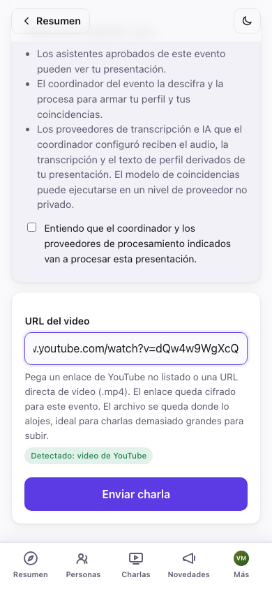 El campo de URL del video, con "Detectado: video de YouTube"