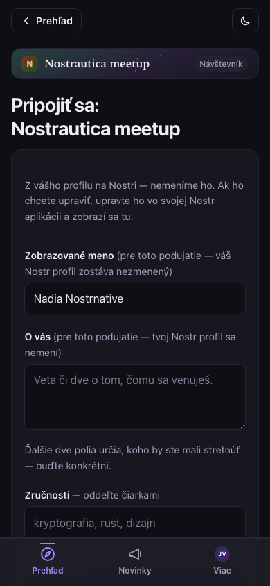Formulár na pripojenie, prihlásený stav