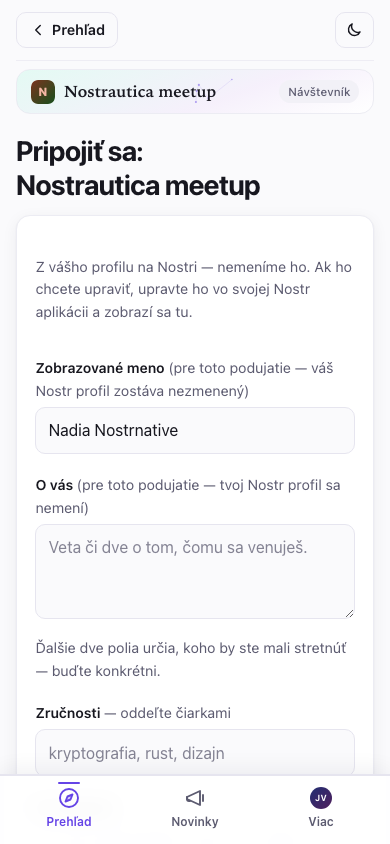 Formulár na pripojenie, prihlásený stav