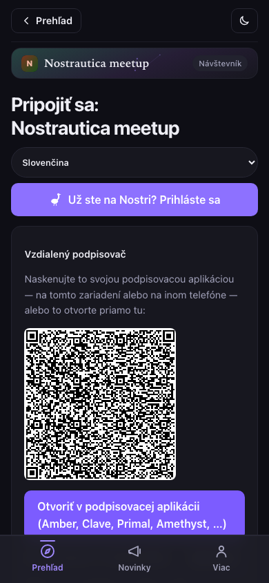 Uvítacia obrazovka — prihlásenie alebo vytvorenie identity