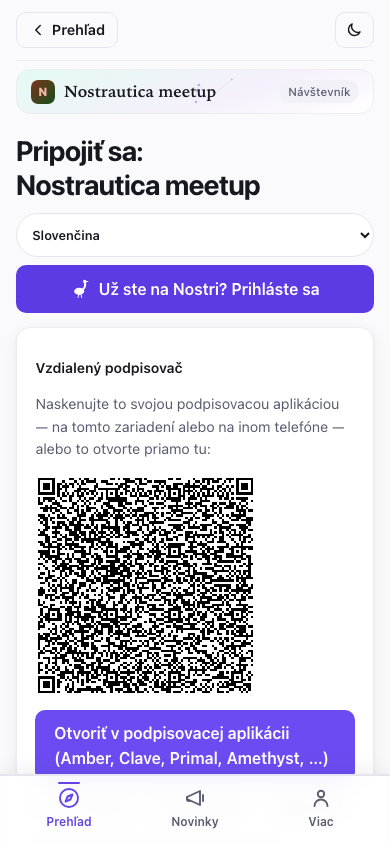 Uvítacia obrazovka — prihlásenie alebo vytvorenie identity