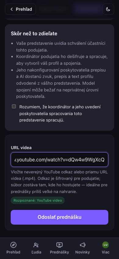 Pole s URL videa a rozpoznaným YouTube odkazom