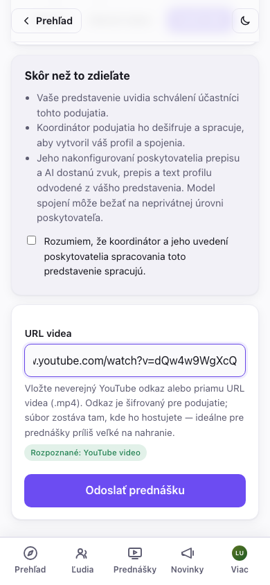 Pole s URL videa a rozpoznaným YouTube odkazom