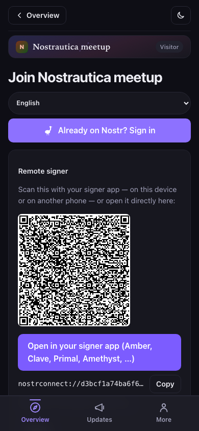 Welcome screen — sign in or create your identity