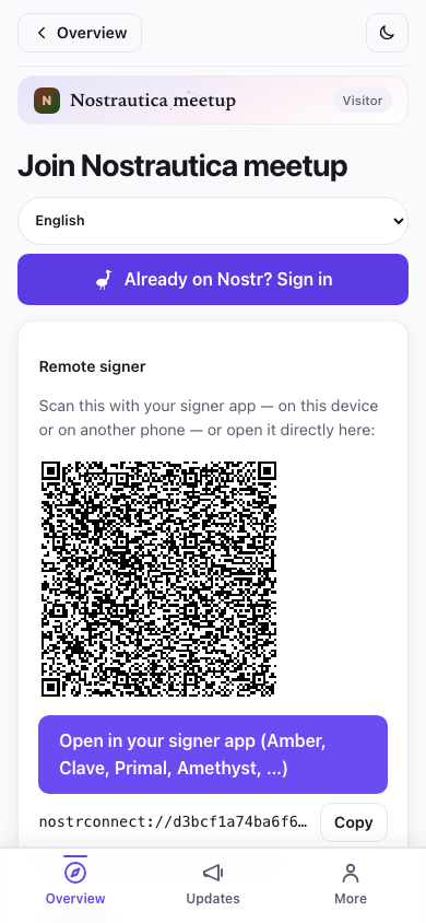 Welcome screen — sign in or create your identity