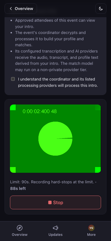 Recording your intro — video, audio, and text modes