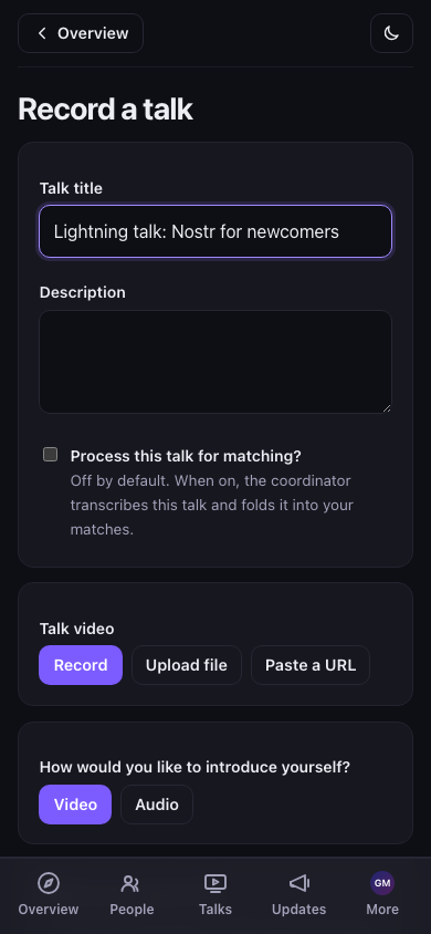 Submitting a talk — pick a video source and, optionally, opt in to matching