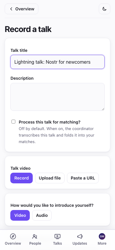 Submitting a talk — pick a video source and, optionally, opt in to matching