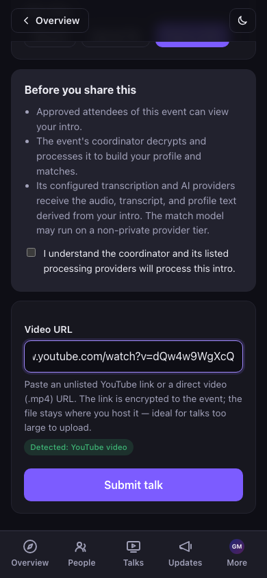 The video-URL field, with "Detected: YouTube video"