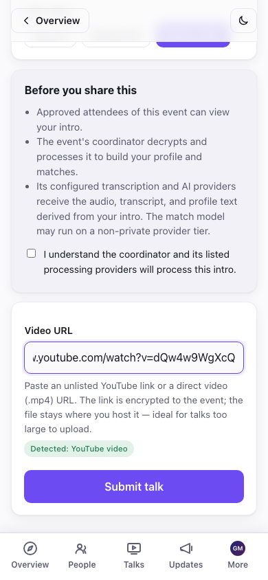 The video-URL field, with "Detected: YouTube video"